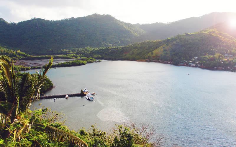 The boat terminal seen from the headland above the cove.