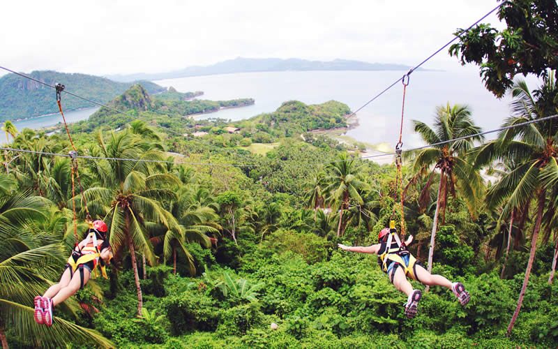 Two riders on the dual zipline above the coconut canopy and the bay.